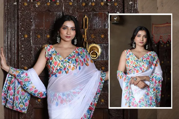 White_Linen_Urban_Blossom_Modern_Saree_with_Digital_Floral_Design_For_Women