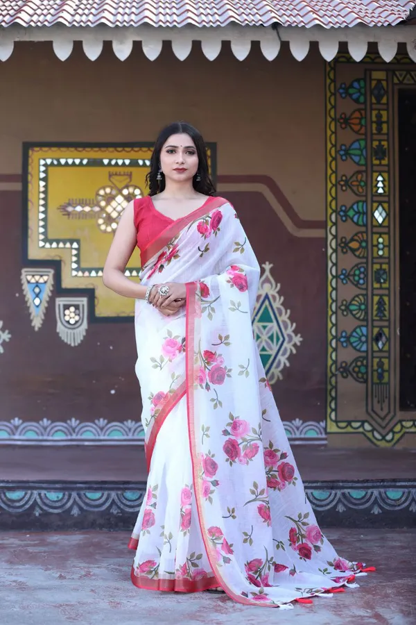 White_Linen_Neo_Bloom_Fresh_Floral_Saree_with_Modern_Aesthetic_For_Women