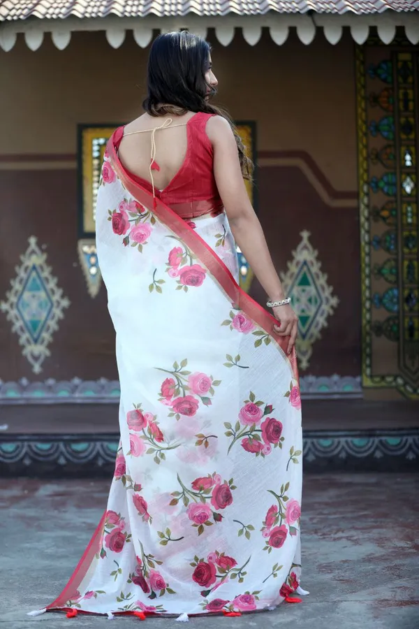 White_Linen_Neo_Bloom_Fresh_Floral_Saree_with_Modern_Aesthetic_For_Women