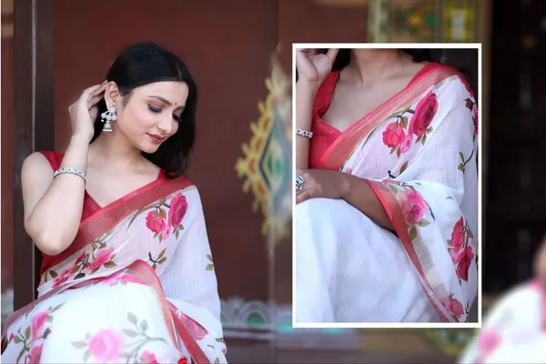 White_Linen_Neo_Bloom_Fresh_Floral_Saree_with_Modern_Aesthetic_For_Women