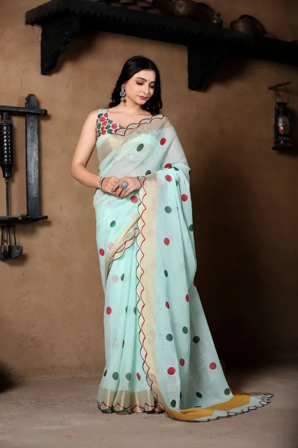 Green_Linen_Petal_Play_Lightweight_Saree_with_Trendy_Bloom_Patterns_For_Women