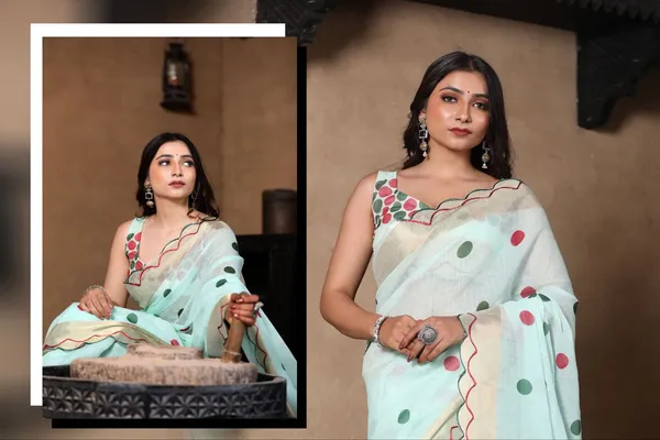 Green_Linen_Petal_Play_Lightweight_Saree_with_Trendy_Bloom_Patterns_For_Women