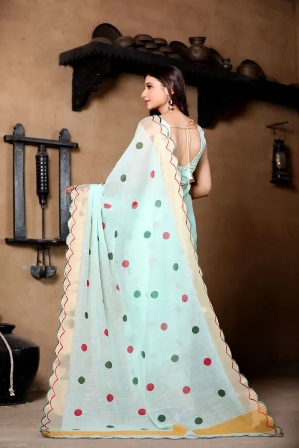 Green_Linen_Petal_Play_Lightweight_Saree_with_Trendy_Bloom_Patterns_For_Women