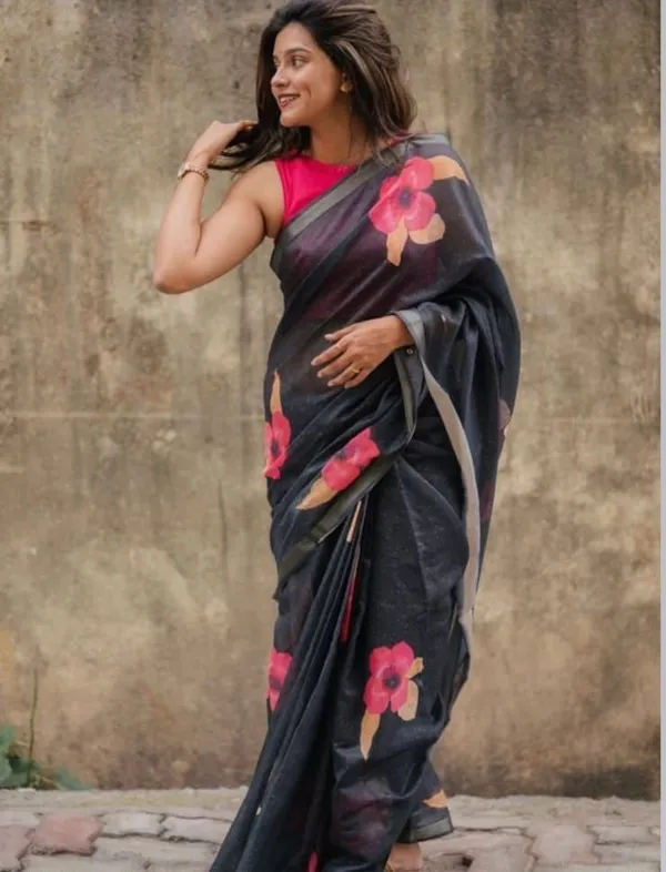 Black_Floral_Design_in_Linen_Fabrics_For_Daily_office_Wear_Saree_(_With_Unstittche_Blouse)