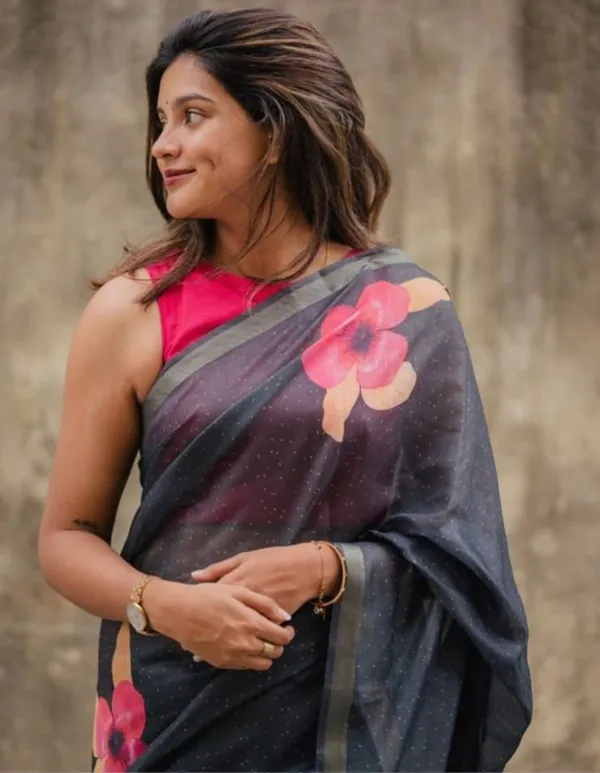 Black_Floral_Design_in_Linen_Fabrics_For_Daily_office_Wear_Saree_(_With_Unstittche_Blouse)