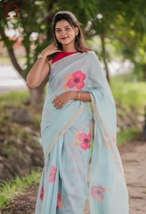 Blue_Linen_Floral_Design_Wear_Saree__With_Unstitched_Blouse_For_Women