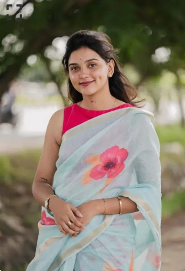 Blue_Linen_Floral_Design_Wear_Saree__With_Unstitched_Blouse_For_Women