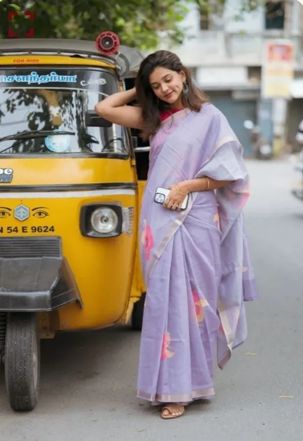 Lavender__Linen_Floral_Design_Wear_Saree__With_Unstitched_Blouse_For_Women