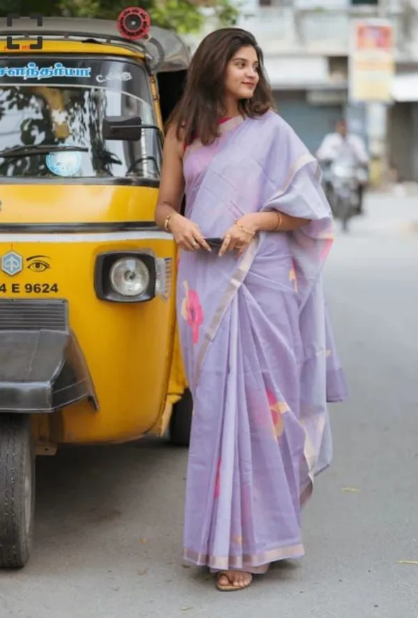 Lavender__Linen_Floral_Design_Wear_Saree__With_Unstitched_Blouse_For_Women