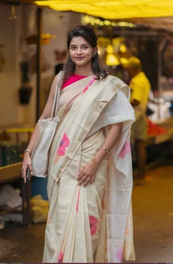 White_Linen_Floral_Design_Wear_Saree__With_Unstitched_Blouse_For_Women