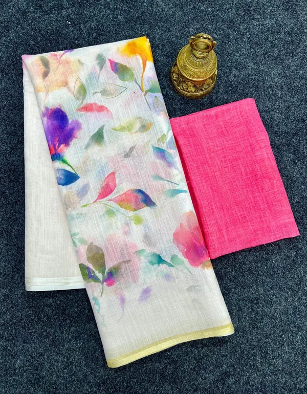 White_And_Pink_Linen_Saree_with_Soft_Floral_Charm_For_Women
