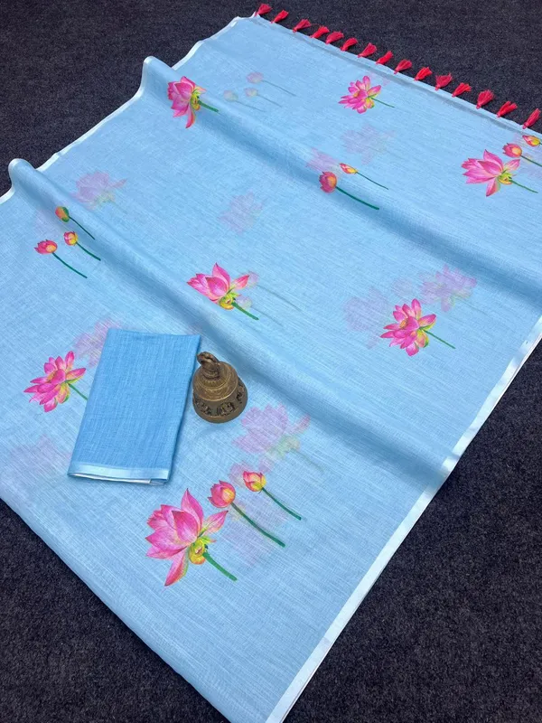 Sky_Blue_Linen_Mehek_Linen_Fresh_Floral_Print_Saree_For_Women