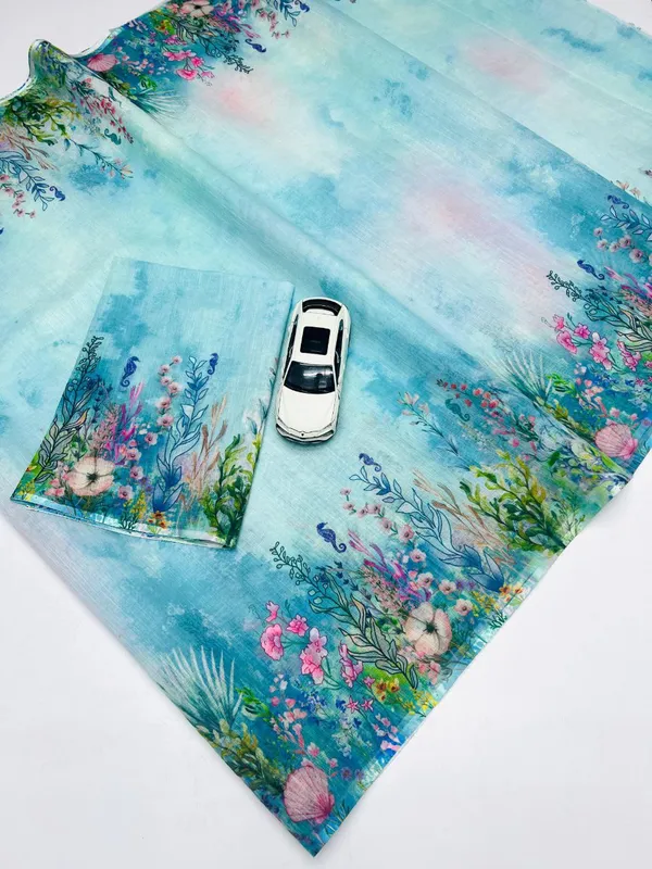Blue_Grace_Linen_Saree_with_Soft_Floral_Charm_For_Women