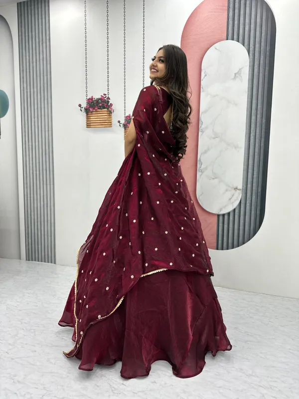Maroon_Heavy_Embroidery_Thread_&_Sequence_Work_With_Fancy_Latakan_Lehenga_For_Women