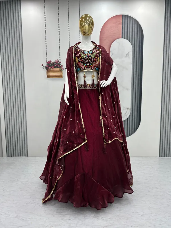 Maroon_Heavy_Embroidery_Thread_&_Sequence_Work_With_Fancy_Latakan_Lehenga_For_Women