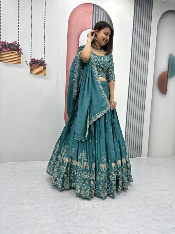 Green_Chinon_Elegant_Ready-to-Wear_Lehenga_Set_With_Blouse_and_Dupatta_For_Women