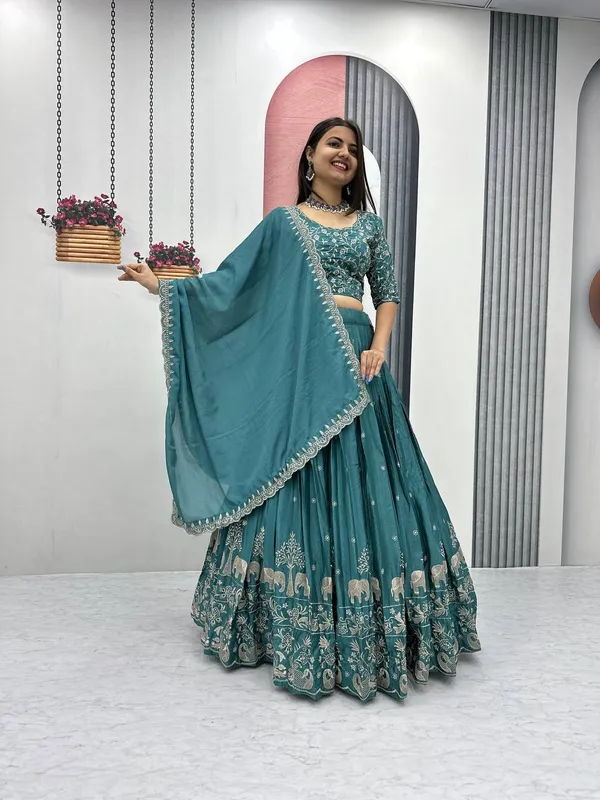 Green_Chinon_Elegant_Ready-to-Wear_Lehenga_Set_With_Blouse_and_Dupatta_For_Women
