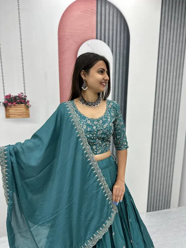 Green_Chinon_Elegant_Ready-to-Wear_Lehenga_Set_With_Blouse_and_Dupatta_For_Women