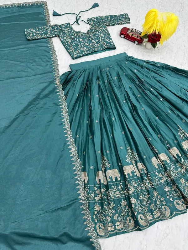 Green_Chinon_Elegant_Ready-to-Wear_Lehenga_Set_With_Blouse_and_Dupatta_For_Women