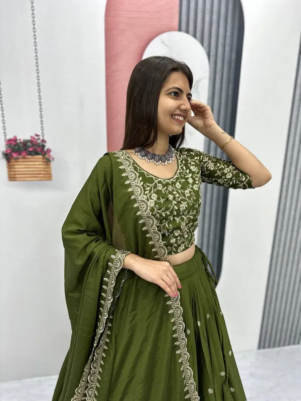 Mehendi_Chinon_Elegant_Ready-to-Wear_Lehenga_Set_With_Blouse_and_Dupatta_For_Women