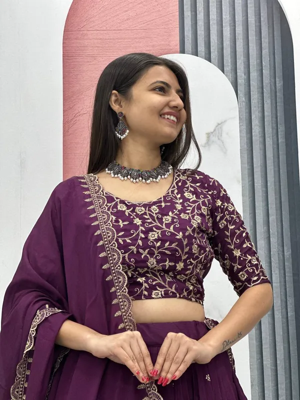 Wine__Chinon_Elegant_Ready-to-Wear_Lehenga_Set_With_Blouse_and_Dupatta_For_Women