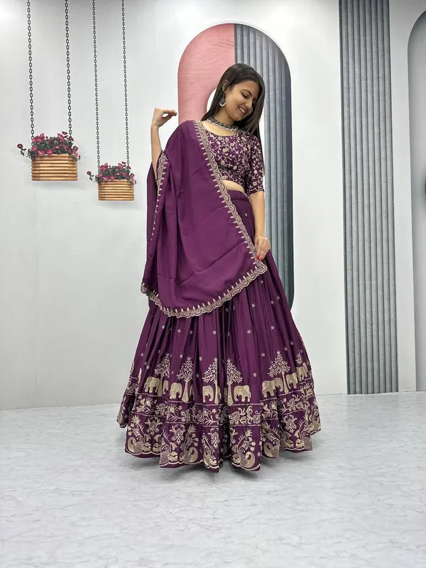 Wine__Chinon_Elegant_Ready-to-Wear_Lehenga_Set_With_Blouse_and_Dupatta_For_Women