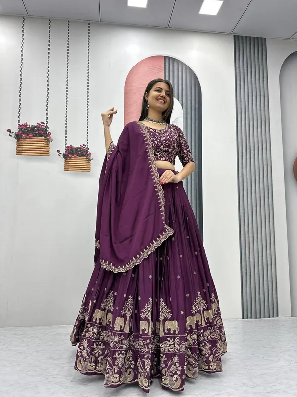 Wine__Chinon_Elegant_Ready-to-Wear_Lehenga_Set_With_Blouse_and_Dupatta_For_Women