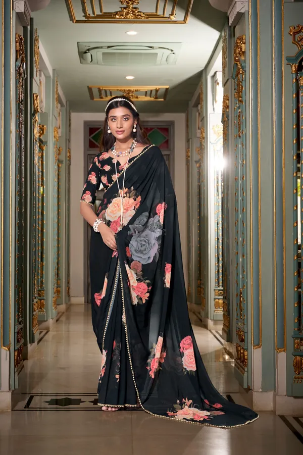 Black_georgette_printed_saree_with_Pearl_lace_border_For_Women