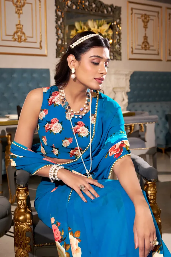 Firozi_georgette_printed_saree_with_Pearl_lace_border_For_Women