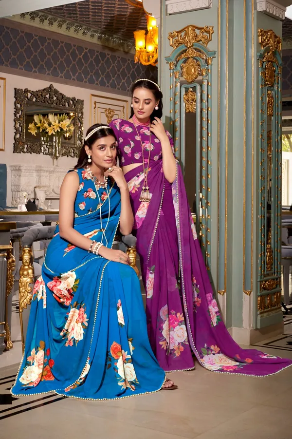 Firozi_georgette_printed_saree_with_Pearl_lace_border_For_Women