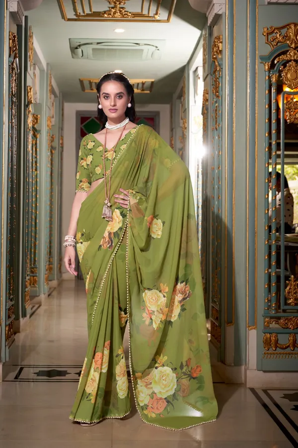 Mehendi_georgette_printed_saree_with_Pearl_lace_border_For_Women