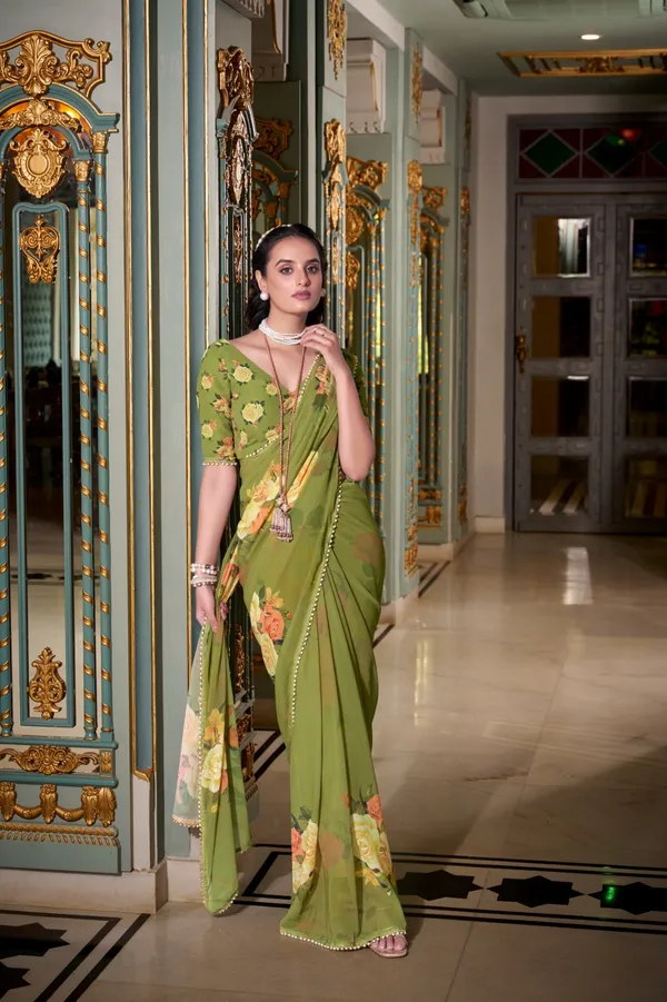 Mehendi_georgette_printed_saree_with_Pearl_lace_border_For_Women
