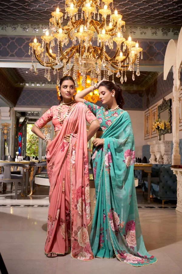 Peach_georgette_printed_saree_with_Pearl_lace_border_For_Women