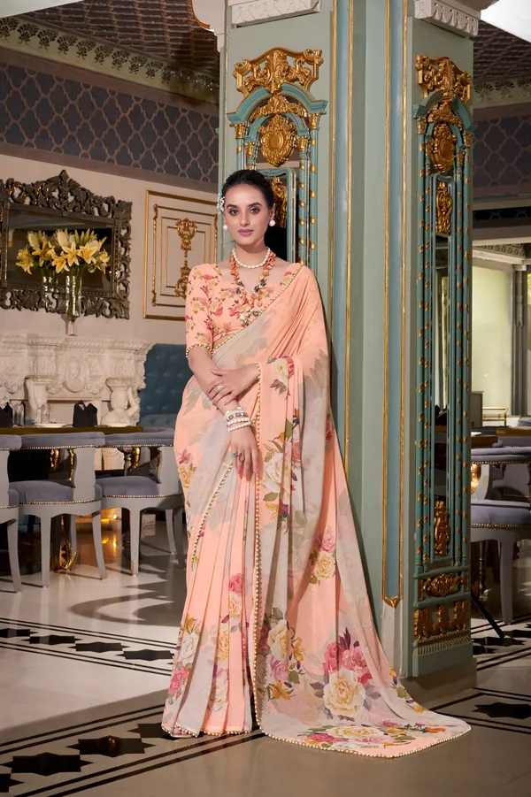Peach_georgette_printed_saree_with_Pearl_lace_border_For_Women