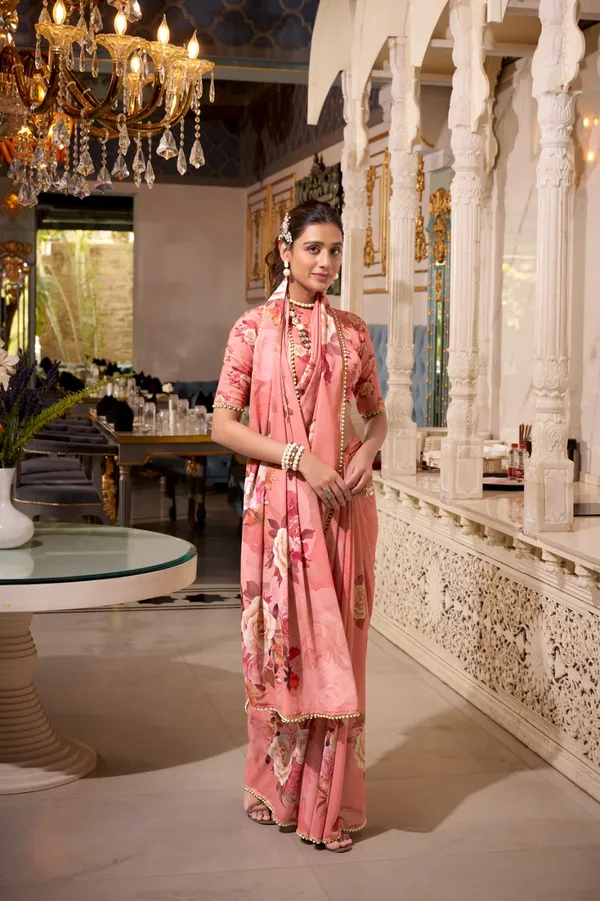 Peach_georgette_printed_saree_with_Pearl_lace_border_For_Women