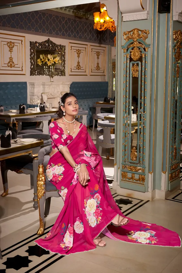 Pink_georgette_printed_saree_with_Pearl_lace_border_For_Women