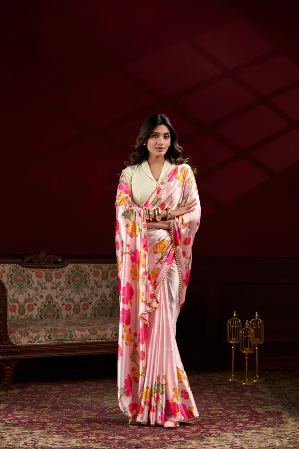 Peach_Satin_Silk_Digital_printed_saree_with_Pearl_lace_border_For_Women