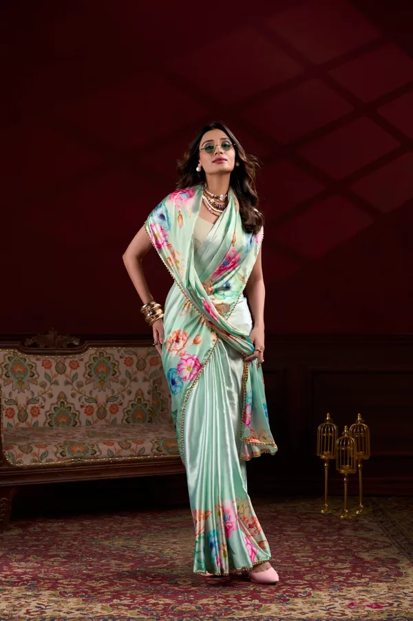 Green_Satin_Silk_Digital_printed_saree_with_Pearl_lace_border_For_Women