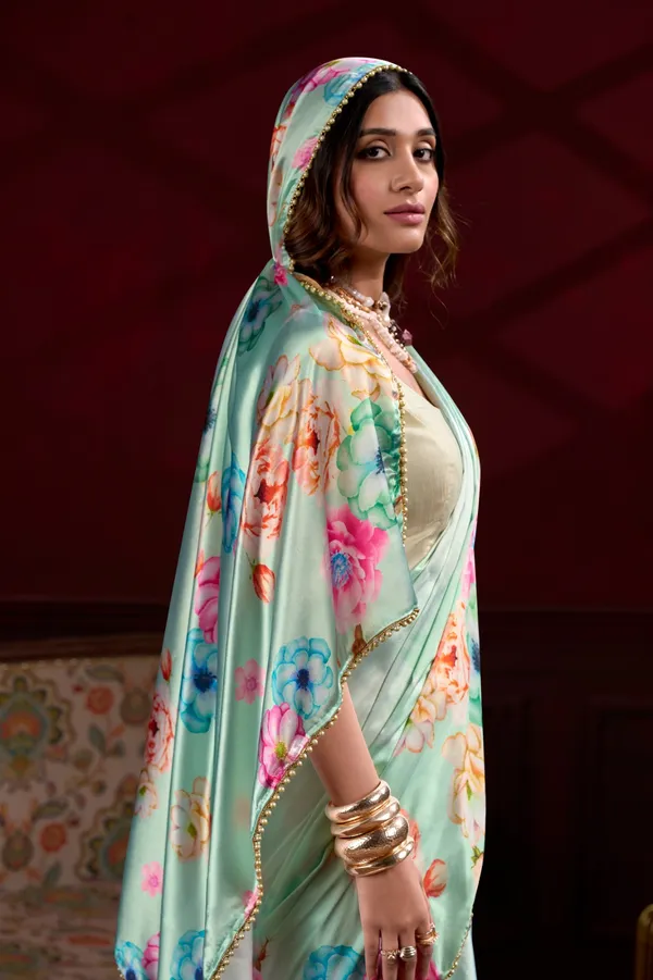 Green_Satin_Silk_Digital_printed_saree_with_Pearl_lace_border_For_Women