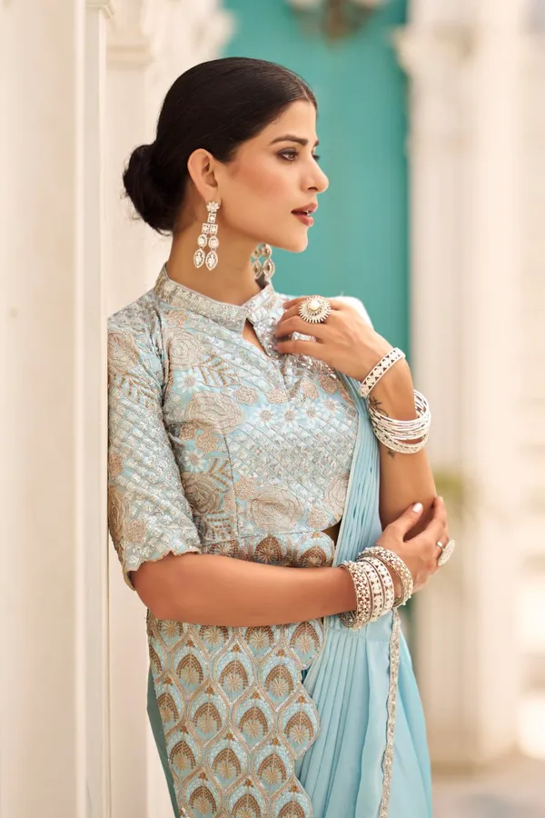 Aqua_Blue_Chinon_Saree_With_Fully_Embroidered_Stylist_Blouse_On_Chinon_Fabric__For_Women