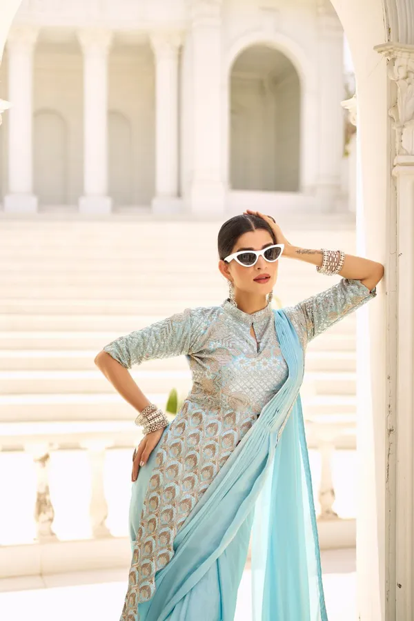 Aqua_Blue_Chinon_Saree_With_Fully_Embroidered_Stylist_Blouse_On_Chinon_Fabric__For_Women
