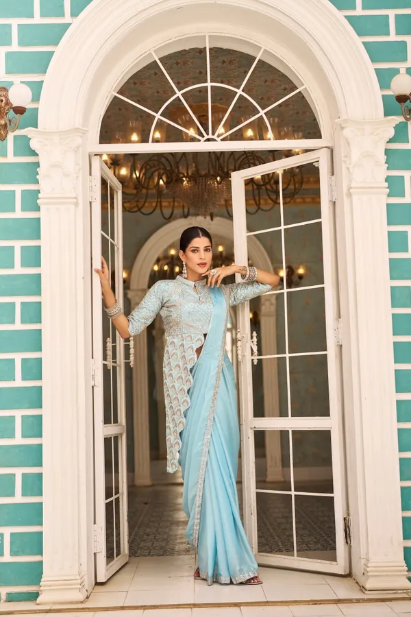 Aqua_Blue_Chinon_Saree_With_Fully_Embroidered_Stylist_Blouse_On_Chinon_Fabric__For_Women