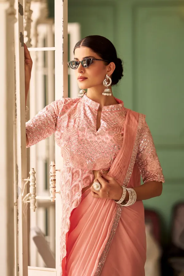 Peach_Chinon_Saree_With_Fully_Embroidered_Stylist_Blouse_On_Chinon_Fabric__For_Women