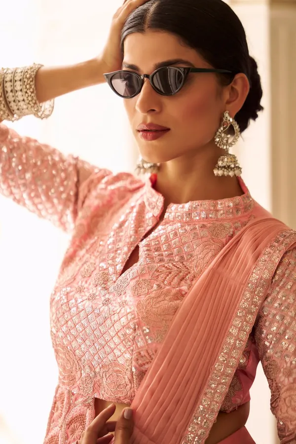 Peach_Chinon_Saree_With_Fully_Embroidered_Stylist_Blouse_On_Chinon_Fabric__For_Women