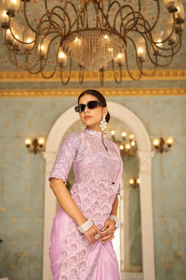 Lavender_Chinon_Ready_To_Wear_Saree_With_Fully_Embroidered_Stylist_Blouse_For_Women