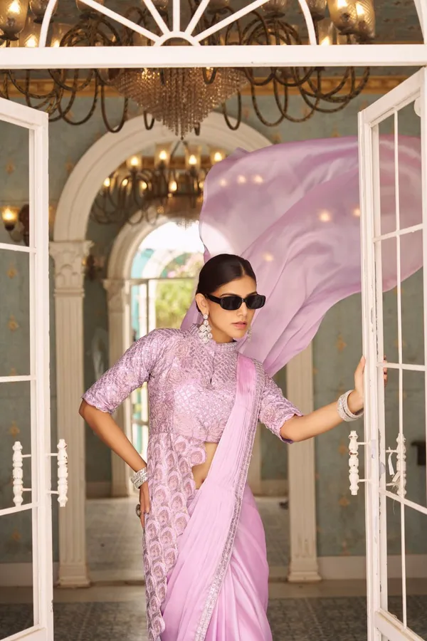 Lavender_Chinon_Ready_To_Wear_Saree_With_Fully_Embroidered_Stylist_Blouse_For_Women