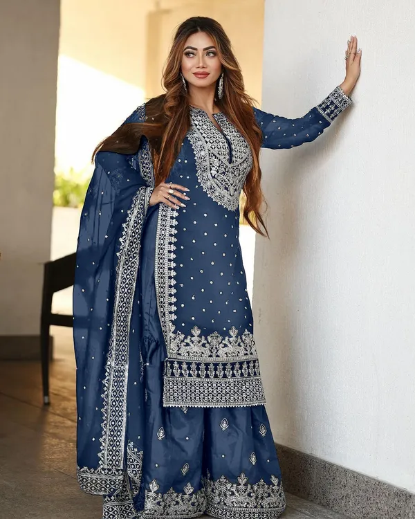 Blue_Ready_Made_Pure_Chinnon_Silk_Heavy_Sequence_Top_Bottom_With_Work_Sharara_Suit_For_Women