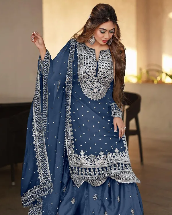 Blue_Ready_Made_Pure_Chinnon_Silk_Heavy_Sequence_Top_Bottom_With_Work_Sharara_Suit_For_Women