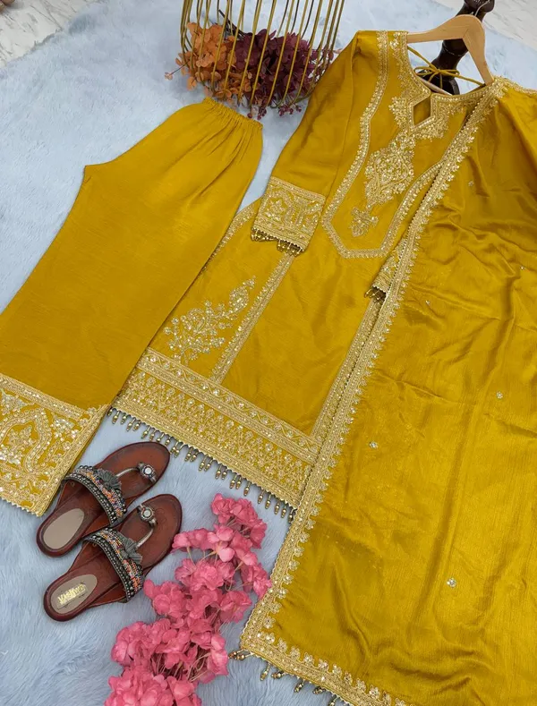 Mustard_Ready_Made_Pure_Chinnon_Silk_Heavy_Sequence_Top_Bottom_With_Work_Sharara_Suit_For_Women