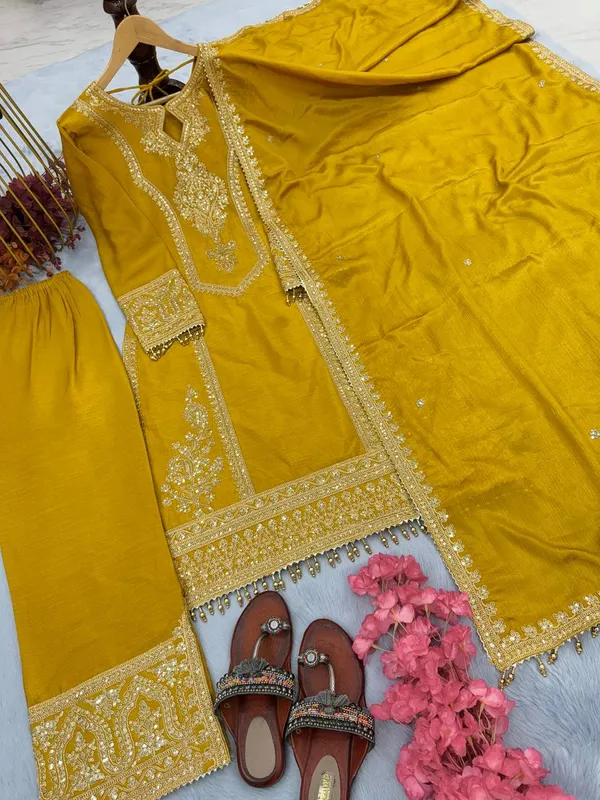 Mustard_Ready_Made_Pure_Chinnon_Silk_Heavy_Sequence_Top_Bottom_With_Work_Sharara_Suit_For_Women